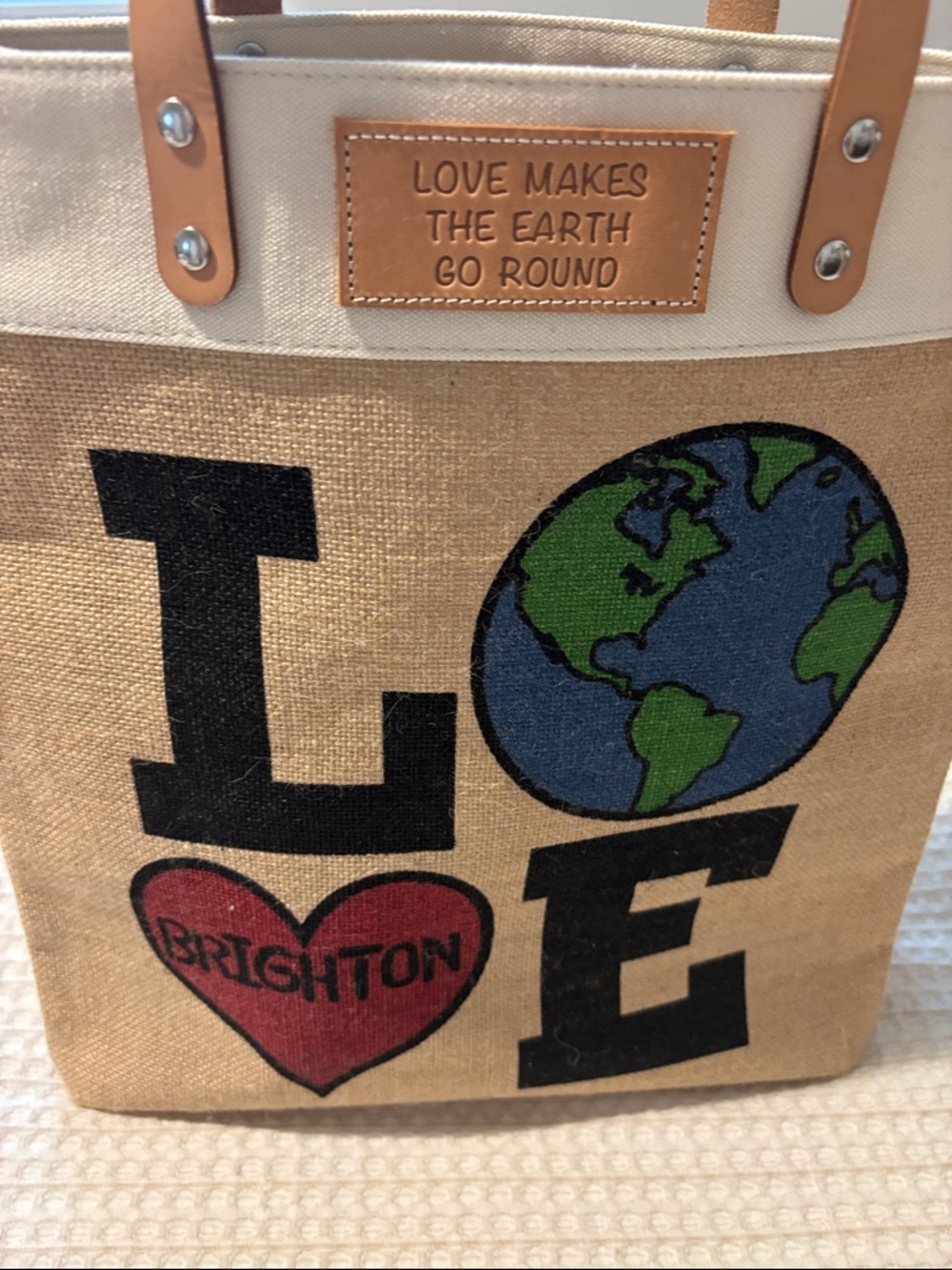 Brighton Natural Canvas LOVE Tote with Red Heart and Blue/Green Globe - Picture 6 of 7